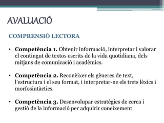 AVALUACIÓ
COMPRENSIÓ LECTORA
• Competència 1. Obtenir informació, interpretar i valorar
el contingut de textos escrits de la vida quotidiana, dels
mitjans de comunicació i acadèmics.
• Competència 2. Reconèixer els gèneres de text,
l’estructura i el seu format, i interpretar-ne els trets lèxics i
morfosintàctics.
• Competència 3. Desenvolupar estratègies de cerca i
gestió de la informació per adquirir coneixement
 