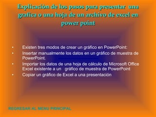 Existen tres modos de crear un gráfico en PowerPoint: Insertar manualmente los datos en un gráfico de muestra de PowerPoint. Importar los datos de una hoja de cálculo de Microsoft Office Excel existente a un  gráfico de muestra de PowerPoint  Copiar un gráfico de Excel a una presentación   Explicaciòn de los pasos para presentar  una grafica o una hoja de un archivo de excel en power point REGRESAR AL MENU PRINCIPAL 