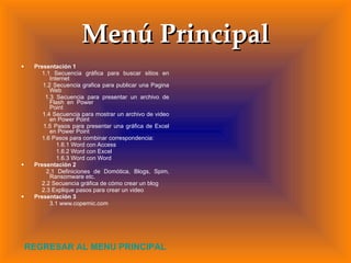 Menú Principal Presentación 1    1.1 Secuencia gráfica para buscar sitios en Internet 1.2 Secuencia grafica para publicar una Pagina Web 1.3 Secuencia para presentar un archivo de Flash en Power    Point 1.4 Secuencia para mostrar un archivo de video en Power Point 1.5 Pasos para presentar una gráfica de Excel en Power Point 1.6 Pasos para combinar correspondencia: 1.6.1 Word con Access 1.6.2 Word con Excel 1.6.3 Word con Word Presentación 2 2.1 Definiciones de Domótica, Blogs, Spim, Ransomware etc. 2.2 Secuencia gráfica de cómo crear un blog  2.3 Explique pasos para crear un video  Presentación 3 3.1 www.copernic.com REGRESAR AL MENU PRINCIPAL 