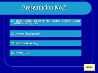 Presentación No.2   2.1 Blogs, Spim, Ransomware, Spam, Pishing, Scam, Malware Y Spyware. 2.3 Dirección de mi blog 2.2 Crear un blog personal 2.4 DOMOTICA MENU 