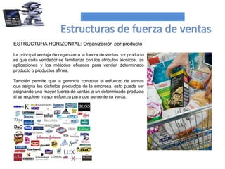 ESTRUCTURA HORIZONTAL: Organización por producto
La principal ventaja de organizar a la fuerza de ventas por producto
es que cada vendedor se familiariza con los atributos técnicos, las
aplicaciones y los métodos eficaces para vender determinado
producto o productos afines.
También permite que la gerencia controlar el esfuerzo de ventas
que asigna los distintos productos de la empresa, esto puede ser
asignando una mayor fuerza de ventas a un determinado producto
si se requiere mayor esfuerzo para que aumente su venta.
 