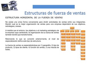 ESTRUCTURA HORIZONTAL DE LA FUERZA DE VENTAS
No existe una única forma conveniente para dividir actividades de ventas entre sus integrantes.
Decidir cual es la mejor organización de ventas para una empresa dependerá de sus objetivos,
estrategias y tareas.
A medida que el entorno, los objetivos o el marketing estratégico de
la empresa vaya cambiando, la organización de su fuerza de ventas
también tendrá que transformarse.
Retomando lo que se comentó anteriormente, el nivel de
especialización define este tipo de estructura.
La fuerza de ventas va especializándose por 1) geografía, 2) tipo de
producto, 3) tipos de cliente, 4) función de ventas, o una mezcla de
todas.
 