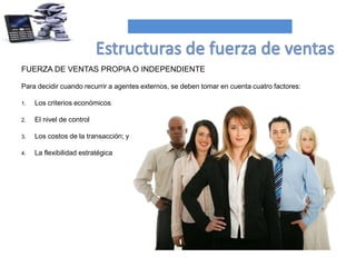 FUERZA DE VENTAS PROPIA O INDEPENDIENTE
Para decidir cuando recurrir a agentes externos, se deben tomar en cuenta cuatro factores:
1. Los criterios económicos
2. El nivel de control
3. Los costos de la transacción; y
4. La flexibilidad estratégica
 