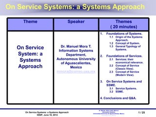 On Service Systems: a Systems Approach
ISSIP, June 18, 2014
Dr. Manuel Mora (UAA, Mexico)
Information Systems
Universidad Autonoma de Aguascalientes, Mexico
mmora@correo.uaa.mx
1 / 25
1. Foundations of Systems.
1.1 Origin of the Systems
Approach.
1.2 Concept of System.
1.3 General Typology of
Systems.
2. Foundations of Services.
2.1 Services: their
economical relevance.
2.2 Concept of Service
(Classic View).
2.3 Concept of Service
(Modern View).
3. On Service Systems and
SSME.
3.1 Service Systems.
3.2 SSME.
4. Conclusions and Q&A.
Dr. Manuel Mora T.
Information Systems
Department,
Autonomous University
of Aguascalientes,
Mexico
mmora@correo.uaa.mx
On Service
System: a
Systems
Approach
Themes
( 20 minutes)
SpeakerTheme
On Service Systems: a Systems Approach
 