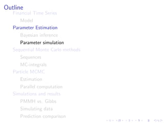 Outline
   Financial Time Series
      Model
   Parameter Estimation
      Bayesian inference
      Parameter simulation
   Sequential Monte Carlo methods
      Sequences
      MC-integrals
   Particle MCMC
      Estimation
      Parallel computation
   Simulations and results
      PMMH vs. Gibbs
      Simulating data
      Prediction comparison
 