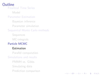 Outline
   Financial Time Series
      Model
   Parameter Estimation
      Bayesian inference
      Parameter simulation
   Sequential Monte Carlo methods
      Sequences
      MC-integrals
   Particle MCMC
      Estimation
      Parallel computation
   Simulations and results
      PMMH vs. Gibbs
      Simulating data
      Prediction comparison
 