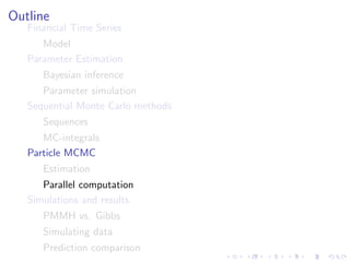 Outline
   Financial Time Series
      Model
   Parameter Estimation
      Bayesian inference
      Parameter simulation
   Sequential Monte Carlo methods
      Sequences
      MC-integrals
   Particle MCMC
      Estimation
      Parallel computation
   Simulations and results
      PMMH vs. Gibbs
      Simulating data
      Prediction comparison
 