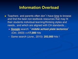 Information Overload
n  Teachers and parents often don’t have time to browse
and ﬁnd the best non-textbook resources that may ﬁt
their students individual learning/thinking styles and
needs.. and which are aligned with CA standards…!
n  Google search: “middle school plate tectonics” !
(Oct. 2003) =>17,000 hits!
• Same search (June., 2015): 202,000 hits !!
!!
 