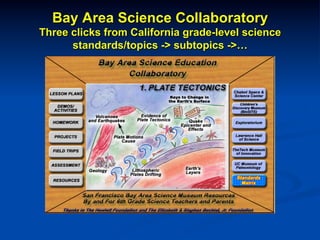 Bay Area Science Collaboratory
Three clicks from California grade-level science
standards/topics -> subtopics ->…
 