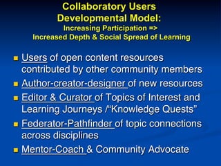 Collaboratory Users
Developmental Model:
Increasing Participation =>
Increased Depth & Social Spread of Learning
n  Users of open content resources
contributed by other community members!
n  Author-creator-designer of new resources!
n  Editor & Curator of Topics of Interest and
Learning Journeys /“Knowledge Quests”!
n  Federator-Pathﬁnder of topic connections
across disciplines!
n  Mentor-Coach & Community Advocate!
 