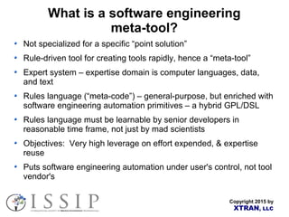 Copyright 2015 by
XTRAN, LLC
What is a software engineering
meta-tool?
Not specialized for a specific “point solution”
Rule-driven tool for creating tools rapidly, hence a “meta-tool”
Expert system – expertise domain is computer languages, data,
and text
Rules language (“meta-code”) – general-purpose, but enriched with
software engineering automation primitives – a hybrid GPL/DSL
Rules language must be learnable by senior developers in
reasonable time frame, not just by mad scientists
Objectives: Very high leverage on effort expended, & expertise
reuse
Puts software engineering automation under user's control, not tool
vendor's
 
