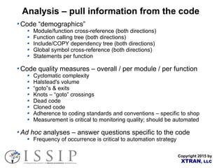 Copyright 2015 by
XTRAN, LLC
Analysis – pull information from the code
Code “demographics”
Module/function cross-reference (both directions)
Function calling tree (both directions)
Include/COPY dependency tree (both directions)
Global symbol cross-reference (both directions)
Statements per function
Code quality measures – overall / per module / per function
Cyclomatic complexity
Halstead's volume
“goto”s & exits
Knots – “goto” crossings
Dead code
Cloned code
Adherence to coding standards and conventions – specific to shop
Measurement is critical to monitoring quality; should be automated
Ad hoc analyses – answer questions specific to the code
Frequency of occurrence is critical to automation strategy
 