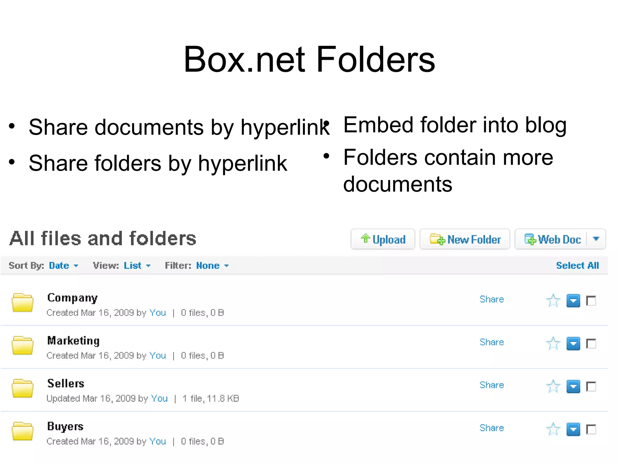 Box.net Folders Share documents by hyperlink Share folders by hyperlink Embed folder into blog Folders contain more documents 