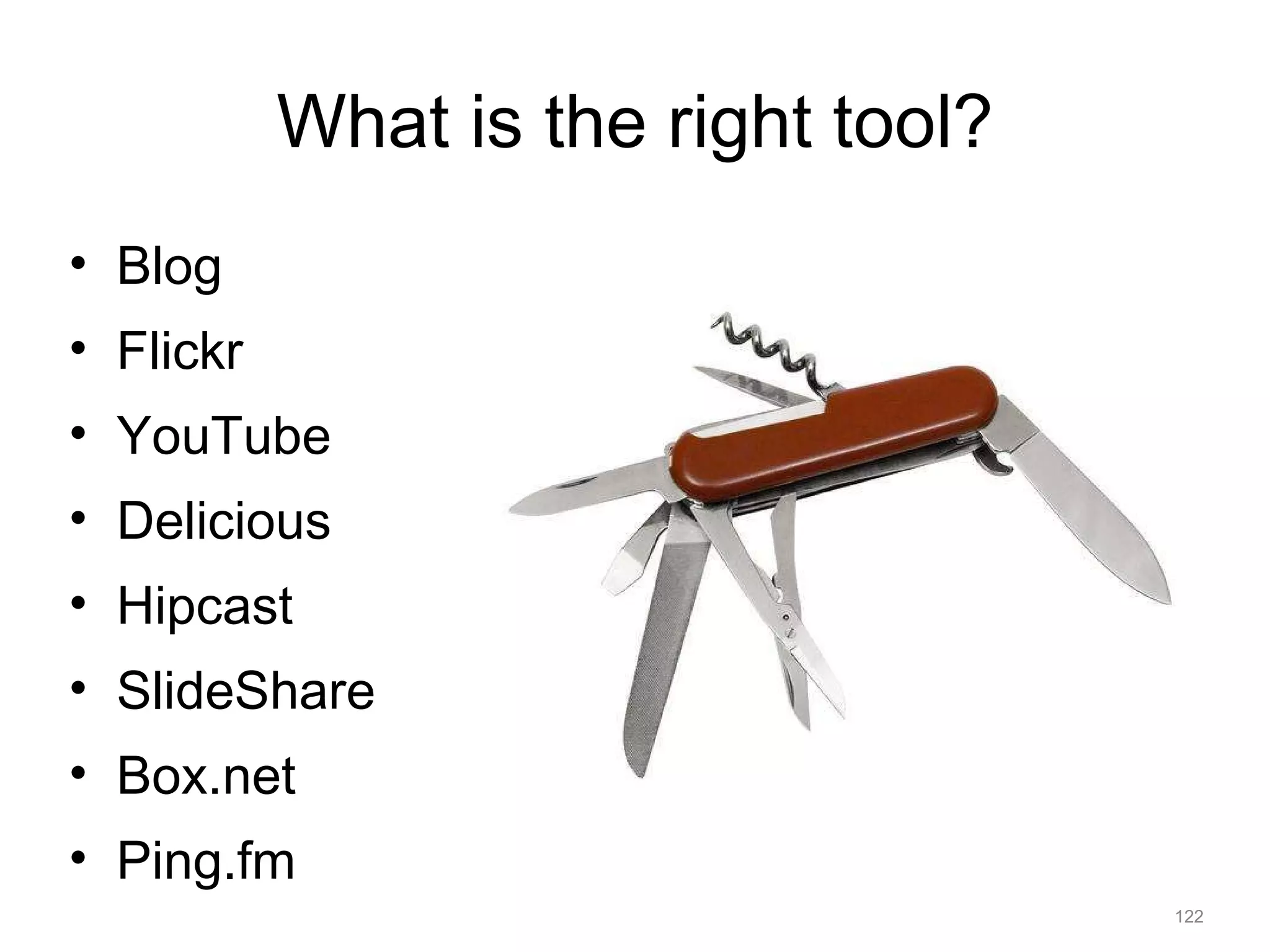 What is the right tool? Blog Flickr YouTube Delicious Hipcast SlideShare Box.net Ping.fm 