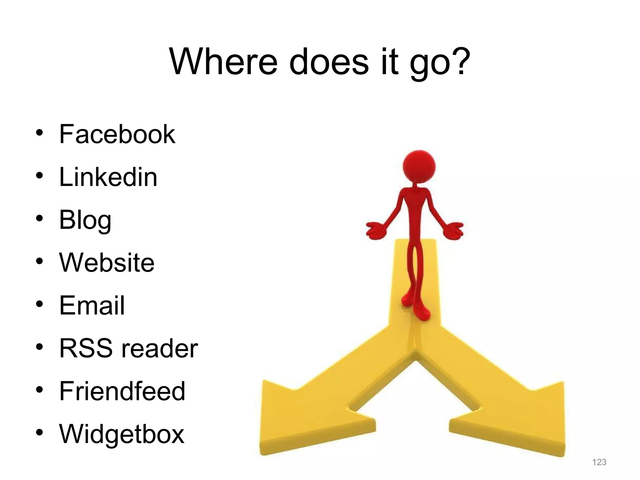 Where does it go? Facebook Linkedin Blog Website Email RSS reader Friendfeed Widgetbox 