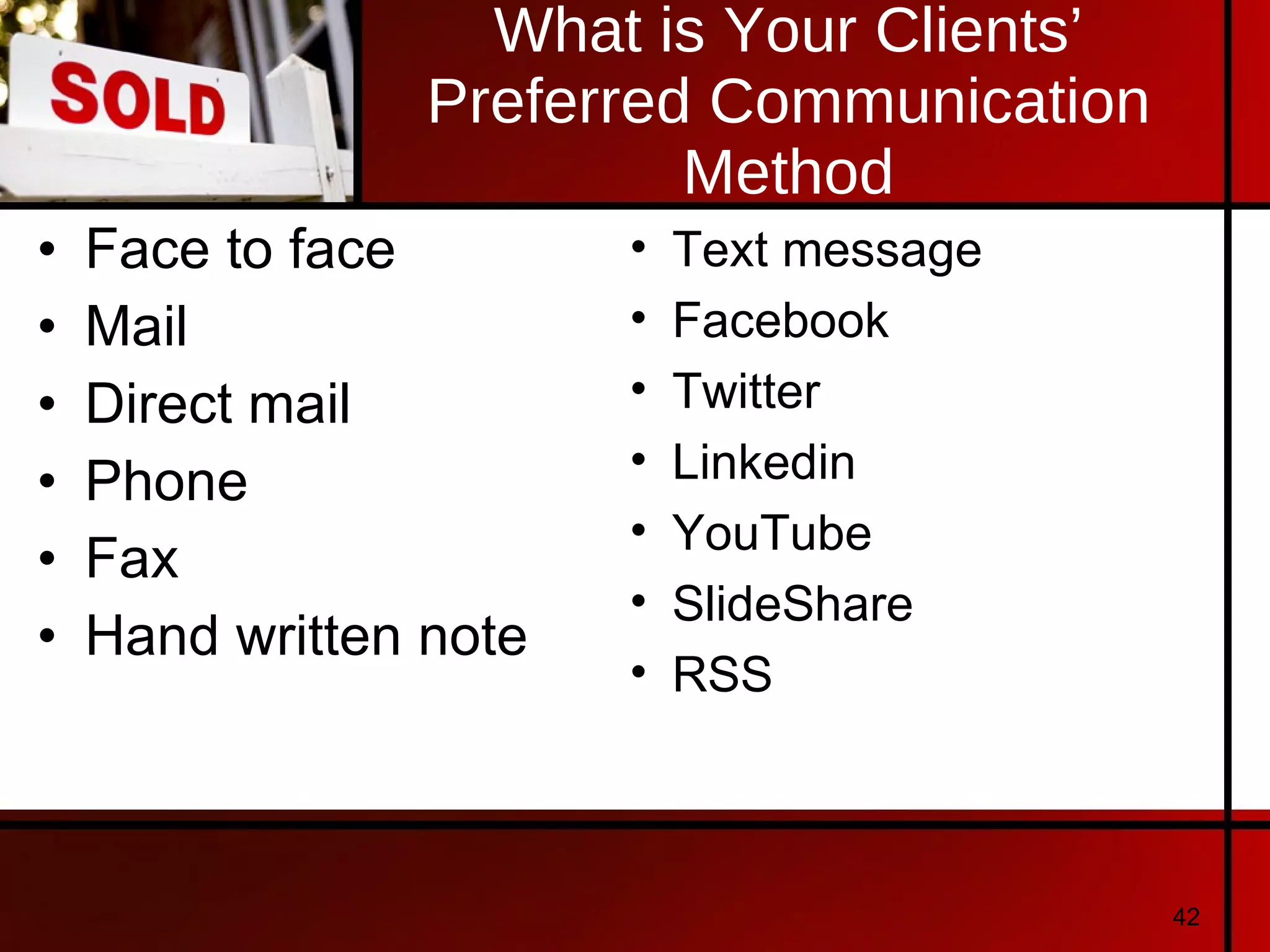 What is Your Clients’ Preferred Communication Method Face to face Mail Direct mail Phone Fax Hand written note Text message Facebook Twitter Linkedin YouTube SlideShare RSS 