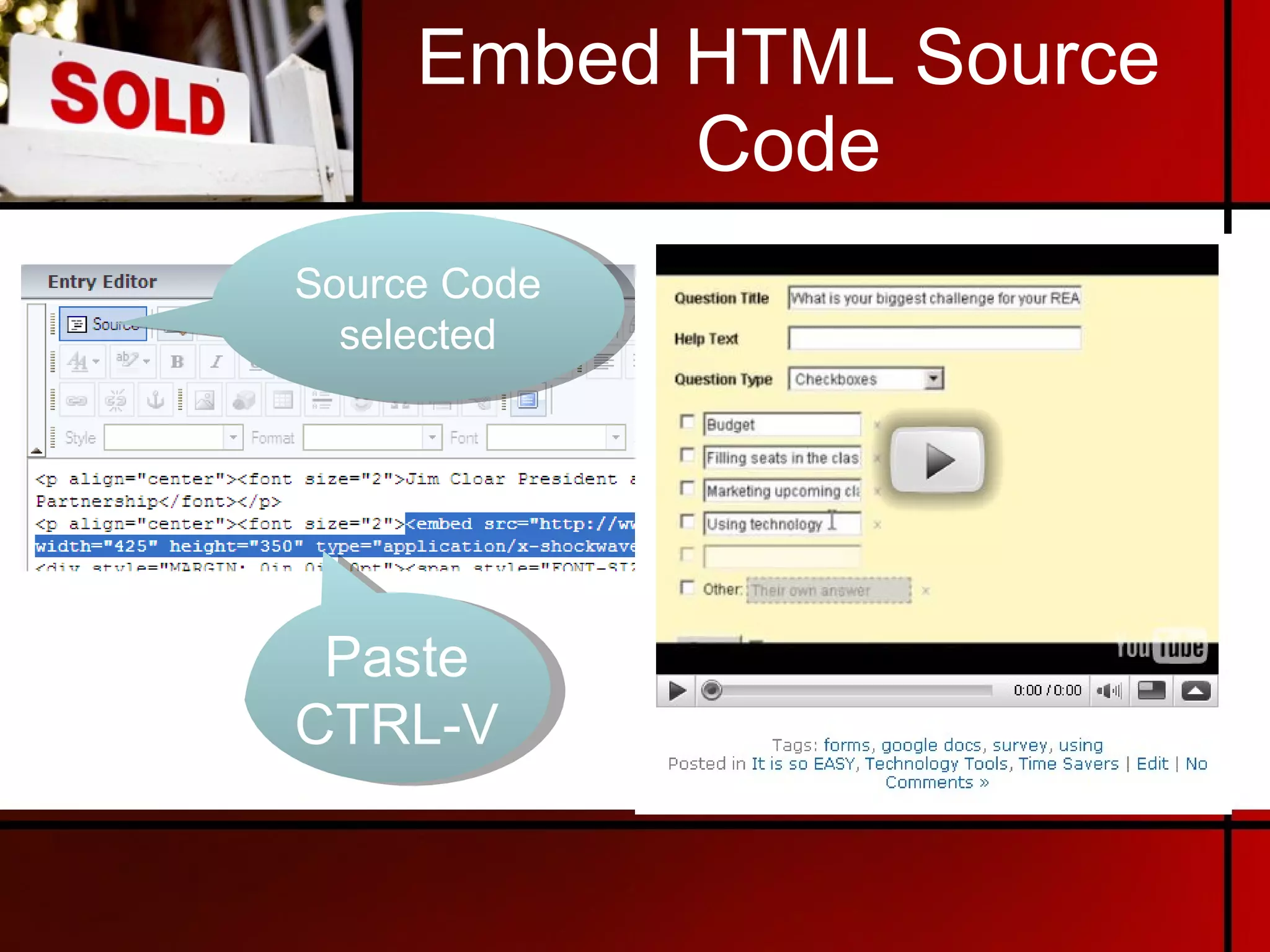 Embed HTML Source Code Paste CTRL-V Source Code selected 