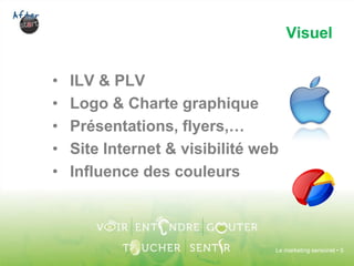 Visuel


•   ILV & PLV
•   Logo & Charte graphique
•   Présentations, flyers,…
•   Site Internet & visibilité web
•   Influence des couleurs



                                 Le marketing sensoriel • 5
 
