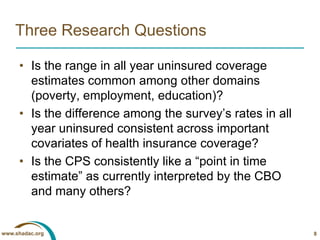 Three Research Questions

     • Is the range in all year uninsured coverage
       estimates common among other domains
 ...