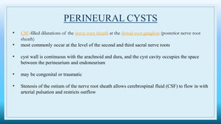 PERINEURAL CYSTS
• CSF-filled dilatations of the nerve root sheath at the dorsal root ganglion (posterior nerve root
sheath)
• most commonly occur at the level of the second and third sacral nerve roots
• cyst wall is continuous with the arachnoid and dura, and the cyst cavity occupies the space
between the perineurium and endoneurium
• may be congenital or traumatic
• Stenosis of the ostium of the nerve root sheath allows cerebrospinal fluid (CSF) to flow in with
arterial pulsation and restricts outflow
 