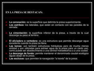 EN LA PRESA SE DESTACAN: 
„La coronación:es la superficie que delimita la presa superiormente. 
„Los estribos:los laterales, que están en contacto con las paredes de la cerrada. 
„La cimentación:la superficie inferior de la presa, a través de la cual descarga su peso al terreno. 
„El aliviadero o vertedero:es una estructura que permite descargar agua excedente cuando la presa se llena. 
„Las tomas:son también estructuras hidráulicas pero de mucha menos entidad y son utilizadas para extraer agua de la presa para un cierto uso, como puede ser abastecimiento a una central hidroeléctrica o a una ciudad. 
„La descarga de fondo:permite mantener el denominado caudal ecológico aguas abajo de la presa. 
„Las esclusas:que permiten la navegación "a través" de la presa.  