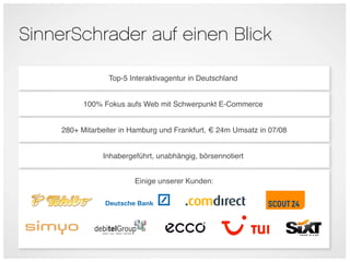 SinnerSchrader auf einen Blick

                  Top-5 Interaktivagentur in Deutschland


           100% Fokus aufs Web mit Schwerpunkt E-Commerce


     280+ Mitarbeiter in Hamburg und Frankfurt, € 24m Umsatz in 07/08


                Inhabergeführt, unabhängig, börsennotiert


                         Einige unserer Kunden:
 
