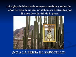 ¡14 siglos de historia de nuestros pueblos y miles de años de vida de un río, no deben ser destruidos por 25 años de vida útil de la presa! ¡NO A LA PRESA EL ZAPOTILLO! 