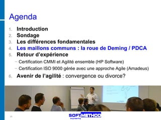 Agenda
1. Introduction
2. Sondage
3. Les différences fondamentales
4. Les maillons communs : la roue de Deming / PDCA
5. Retour d’expérience
     − Certification CMMI et Agilité ensemble (HP Software)
     − Certification ISO 9000 gérée avec une approche Agile (Amadeus)
6.   Avenir de l’agilité : convergence ou divorce?




20
 