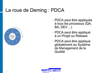 La roue de Deming : PDCA
                   •   PDCA peut être appliquée
                       à tous les processus (QA,
                       BA, DEV ...)
                   •   PDCA peut être appliqué
                       à un Projet ou Release
                   •   PDCA peut être appliqué
                       globalement au Système
                       de Management de la
                       Qualité




21
 