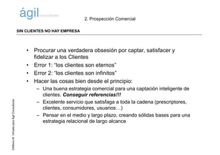 ©AlfonsM.ViñuelaparaÁgilConsultores
• Procurar una verdadera obsesión por captar, satisfacer y
fidelizar a los Clientes
• Error 1: “los clientes son eternos”
• Error 2: “los clientes son infinitos”
• Hacer las cosas bien desde el principio:
– Una buena estrategia comercial para una captación inteligente de
clientes. Conseguir referencias!!!
– Excelente servicio que satisfaga a toda la cadena (prescriptores,
clientes, consumidores, usuarios…)
– Pensar en el medio y largo plazo, creando sólidas bases para una
estrategia relacional de largo alcance
Sin clientes no hay empresa
2. Prospección Comercial
SIN CLIENTES NO HAY EMPRESA
 
