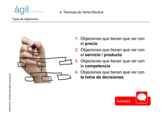 ©AlfonsM.ViñuelaparaÁgilConsultores
1. Objeciones que tienen que ver con
el precio
2. Objeciones que tienen que ver con
el servicio / producto
3. Objeciones que tienen que ver con
la competencia
4. Objeciones que tienen que ver con
la toma de decisiones
Tipos de objeciones
4. Técnicas de Venta Efectiva
Actividad
 