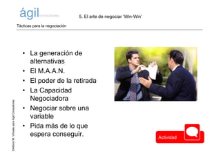 ©AlfonsM.ViñuelaparaÁgilConsultores
• La generación de
alternativas
• El M.A.A.N.
• El poder de la retirada
• La Capacidad
Negociadora
• Negociar sobre una
variable
• Pida más de lo que
espera conseguir.
5. El arte de negociar ‘Win-Win’
Tácticas para la negociación
Actividad
 