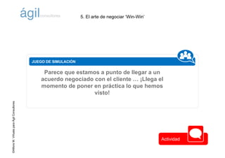 ©AlfonsM.ViñuelaparaÁgilConsultores
JUEGO DE SIMULACIÓN
Parece que estamos a punto de llegar a un
acuerdo negociado con el cliente … ¡Llega el
momento de poner en práctica lo que hemos
visto!
5. El arte de negociar ‘Win-Win’
Actividad
 