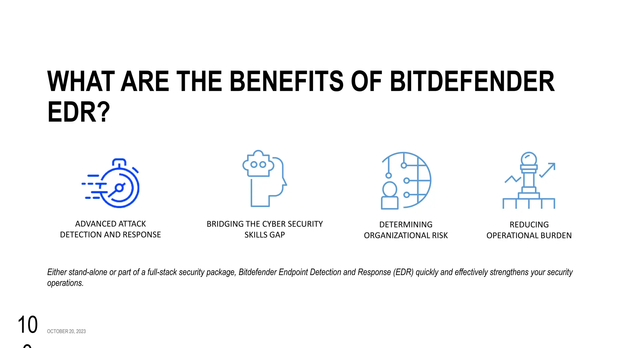 OCTOBER 20, 2023
10
WHAT ARE THE BENEFITS OF BITDEFENDER
EDR?
Either stand-alone or part of a full-stack security package, Bitdefender Endpoint Detection and Response (EDR) quickly and effectively strengthens your security
operations.
REDUCING
OPERATIONAL BURDEN
DETERMINING
ORGANIZATIONAL RISK
BRIDGING THE CYBER SECURITY
SKILLS GAP
ADVANCED ATTACK
DETECTION AND RESPONSE
 