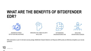 OCTOBER 20, 2023
10
WHAT ARE THE BENEFITS OF BITDEFENDER
EDR?
Either stand-alone or part of a full-stack security package, Bitdefender Endpoint Detection and Response (EDR) quickly and effectively strengthens your security
operations.
REDUCING
OPERATIONAL BURDEN
DETERMINING
ORGANIZATIONAL RISK
BRIDGING THE CYBER SECURITY
SKILLS GAP
ADVANCED ATTACK
DETECTION AND RESPONSE
 