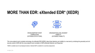 OCTOBER 20, 2023
MORE THAN EDR: eXtended EDR* (XEDR)
The cross-endpoint event correlation technology, the eXtended EDR (XEDR), takes threat detection and visibility to a new level by combining the granularity and rich
security context of EDR with the cross-endpoint event correlation of XDR (eXtended Detection and Response).
ORGANIZATION-LEVEL INCIDENT
VISIBILITY
(EXTENDED VISIBILITY)
CROSS-ENDPOINT EVENT
CORRELATION
(EXTENDED DETECTIONS)
*XEDR is available only for cloud-deployed solutions. Standard EDR is available for on-premises deployments.
 