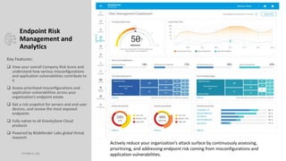 OCTOBER 20, 2023
Endpoint Risk
Management and
Analytics
Key Features:
 View your overall Company Risk Score and
understand how various misconfigurations
and application vulnerabilities contribute to
it
 Assess prioritized misconfigurations and
application vulnerabilities across your
organization’s endpoint estate
 Get a risk snapshot for servers and end-user
devices, and review the most-exposed
endpoints
 Fully native to all GravityZone Cloud
products
 Powered by Bitdefender Labs global threat
research
Actively reduce your organization’s attack surface by continuously assessing,
prioritizing, and addressing endpoint risk coming from misconfigurations and
application vulnerabilities.
 