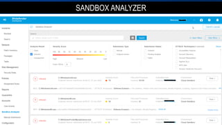 SANDBOX ANALYZER
Streamlines investigation,
enabling live tracking of
attacks and lateral
movement
Facilitates rapid
resolution, containment
and remediation
Provides real-time
endpoint visibility and
insight into suspicious
activities
Simplifies alert triage
and incident-analysis
visualization
 