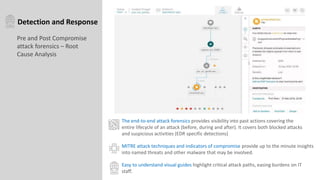 Detection and Response
MITRE attack techniques and indicators of compromise provide up to the minute insights
into named threats and other malware that may be involved.
Pre and Post Compromise
attack forensics – Root
Cause Analysis
Easy to understand visual guides highlight critical attack paths, easing burdens on IT
staff.
The end-to-end attack forensics provides visibility into past actions covering the
entire lifecycle of an attack (before, during and after). It covers both blocked attacks
and suspicious activities (EDR specific detections)
 