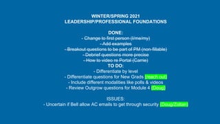 WINTER/SPRING 2021
LEADERSHIP/PROFESSIONAL FOUNDATIONS
DONE:
- Change to first person (I/me/my)
- Add examples
- Breakout questions to be part of PM (non-fillable)
- Debrief questions more precise
- How to video re Portal (Carrie)
TO DO:
- Differentiate by level
- Differentiate questions for New Grads (reach out)
- Include different modalities like polls & videos
- Review Outgrow questions for Module 4 (Doug)
ISSUES:
- Uncertain if Bell allow AC emails to get through security (Doug/Zoltan)
1
 