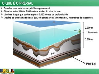 O QUE É O PRÉ-SAL
   Grandes reservatórios de petróleo e gás natural
   Situados entre 5.000 e 7.000 metros abaixo do nível do mar
   Lâminas d'água que podem superar 2.000 metros de profundidade
   Abaixo de uma camada de sal que, em certas áreas, tem mais de 2 mil metros de espessura.



                                                                                    2.000 m
                                                                                       Corcovado



                                                                                    3.000 m




                                                                                     Pré-Sal

                                                                                               3
 