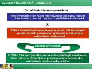 ACESSO À RESERVA E À TECNOLOGIA

                 O conflito de interesses petrolíferos :

     Países Produtores com muitas reservas, pouca tecnologia, reduzida
         base industrial, mercado pequeno e instabilidade institucional

                                    X
     Países Consumidores com poucas reservas, alta tecnologia,
         grande mercado consumidor, grande base industrial e
                      estabilidade institucional


                          Situação privilegiada


   BRASIL: País com grandes reservas, alta tecnologia em petróleo,
     base industrial diversificada, grande mercado consumidor,
                 estabilidade institucional e jurídica

                                                                          13
 
