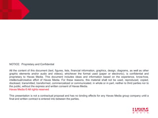 NOTICE: Proprietary and Confidential

All the content of this document (text, figures, lists, financial information, graphics, design, diagrams, as well as other
graphic elements and/or audio and videos), whichever the format used (paper or electronic), is confidential and
proprietary to Havas Media. This document includes ideas and information based on the experience, know-how,
intellectual/creative effort of Havas Media. For these reasons, this material shall not be used, reproduced, copied,
disclosed, transmitted, transformed, commercialized or communicated, in whole or in part, neither to third parties nor to
the public, without the express and written consent of Havas Media.
Havas Media © All rights reserved

This presentation is not a contractual proposal and has no binding effects for any Havas Media group company until a
final and written contract is entered into between the parties.
 