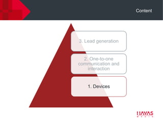 Content




3. Lead generation


  2. One-to-one
communication and
    interaction


   1. Devices
 