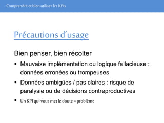 Comprendre et bien utiliser les KPIs
Précautions d’usage
Bien penser, bien récolter
 Mauvaise implémentation ou logique fallacieuse :
données erronées ou trompeuses
 Données ambigües / pas claires : risque de
paralysie ou de décisions contreproductives
 UnKPI quivousmetledoute=problème
 