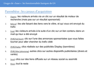 Usages de« base» : les fonctionnalités basiques de GA
Parenthèse: les canaux d’acquisition
1. Organic : les visiteurs arrivés via un clic sur un résultat de moteur de
recherche (mais pas sur un résultat sponsorisé)
2. Referral : les site faisant des liens vers le vôtre, et qui vous ont envoyé du
trafic
3. Email : les visiteurs arrivés à la suite d’un clic sur un lien contenu dans un
mail qui leur a été envoyé
4. (PUB) Paid Search : clic sur l’une des annonces sponsorisées que vous faites
tourner pour aller chercher du trafic ciblé
5. (PUB) Display : clics réalisés sur des publicités Display (bannières)
6. (PUB) Other (advertising) : autres clics sur autres dispositifs publicitaires (divers et
variés)
7. Social : clics sur des liens diffusés sur un réseau social ou assimilé
8. Direct : tout le reste
 
