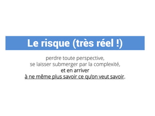 Le risque (très réel !)
perdre toute perspective,
se laisser submerger par la complexité,
et en arriver
à ne même plus savoir ce qu’on veut savoir.
 