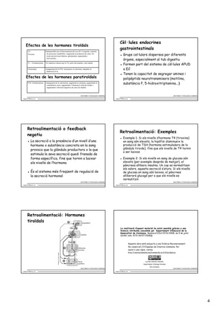 Cèl·lules endocrines
   Efectes de les hormones tiroïdals
                                                                                                                gastrointestinals
      T4 –                   Indispensable per al funcionament del cervell i l’esquelet, controla
      Tiroxina                els processos metabòlics i augmenta la producció de calor. En
                              excés pot provocar diarrea, aprimament, taquicàrdies,
                                                                                                                     Grups cel·lulars dispersos per diferents
                              nerviosisme,...
                                                                                                                     òrgans, especialment al tub digestiu
      T3 - Triiodotironina   Els mateixos efectes que la T4, però més potents i més ràpids
                                                                                                                     Formen part del sistema de cèl·lules APUD
      Calcitonina            Antagonista de la PTH, disminueix la calcèmia, impedint la                              o EC
                              destrucció d’os
                                                                                                                     Tenen la capacitat de segregar amines i
   Efectes de les hormones paratiroïdals                                                                             polipèptids neurotransmisors (motilina,
      PTH -Parathormona      Antagonista de la calcitonina, augmenta la calcèmia, augmentant la
                              remodelació òssia, augmentant l’eliminació renal de fosfats i
                                                                                                                     substància P, 5-hidroxitriptamina...)
                              augmentant l’absorció digestiva de calci als budells



                                                                           ANATOMIA I FISIOLOGIA HUMANES                                                                            ANATOMIA I FISIOLOGIA HUMANES

msanc377@xtec.cat                                                                                          msanc377@xtec.cat




     Retroalimentació o feedback
                                                                                                                Retroalimentació: Exemples
     negatiu
                                                                                                                     Exemple 1: Si els nivells d’hormona T4 (tiroxina)
          La secreció o la presència d’un nivell d’una                                                               en sang són elevats, la hipòfisi disminueix la
          hormona o substància concreta en la sang                                                                   producció de TSH (hormona estimuladora de la
          provoca que la glàndula productora o la que                                                                glàndula tiroide), fins que els nivells de T4 tornin
                                                                                                                     a ser baixos
          estimula la seva secreció quedi frenada de
          forma específica, fins que tornin a baixar                                                                 Exemple 2: Si els nivells en sang de glucosa són
          els nivells de l’hormona                                                                                   elevats (per exemple després de menjar), el
                                                                                                                     pàncrees allibera insulina. Un cop es normalitzen
                                                                                                                     els valors, aquesta secreció s’atura. Si els nivells
          És el sistema més freqüent de regulació de                                                                 de glucosa en sang són baixos, el pàncrees
          la secreció hormonal                                                                                       alliberarà glucagó per a que els nivells es
                                                                                                                     normalitzin
                                                                           ANATOMIA I FISIOLOGIA HUMANES                                                                            ANATOMIA I FISIOLOGIA HUMANES

msanc377@xtec.cat                                                                                          msanc377@xtec.cat




     Retroalimentació: Hormones
     tiroïdals
                                                                                                                 La realització d’aquest material ha estat possible gràcies a una
                                                                                                                 llicència retribuïda concedida pel Departament d’Educació de la
                                                                                                                 Generalitat de Catalunya. Resolució EDU/2276/2008, de 9 de juliol
                                                                                                                 (DOGC núm. 5176 18/07/2008))


                                                                                                                               Aquesta obra està subjecta a una llicència Reconeixement-
                                                                                                                               No comercial 2.5 Espanya de Creative Commons. Per
                                                                                                                               veure'n una còpia, visiteu
                                                                                                                               http://creativecommons.org/licenses/by-nc/2.5/es/deed.ca
                                             Feedback tiroides by Kuebi




                                                                                                                                                   Lourdes Sánchez Salvador
                                                                                                                                                 Departament d’Imatge Personal
                                                                                                                                                         IES Cal·lípolis
                                                                           ANATOMIA I FISIOLOGIA HUMANES                                                                            ANATOMIA I FISIOLOGIA HUMANES

msanc377@xtec.cat                                                                                          msanc377@xtec.cat




                                                                                                                                                                                                                    4
 