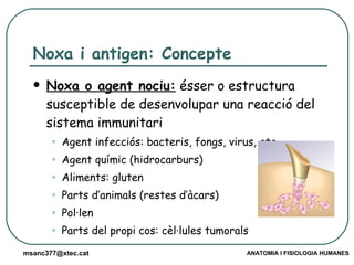 Noxa i antigen: Concepte Noxa o agent nociu:  ésser o estructura susceptible de desenvolupar una reacció del sistema immunitari Agent infecciós: bacteris, fongs, virus, etc. Agent químic (hidrocarburs) Aliments: gluten Parts d’animals (restes d’àcars) Pol·len Parts del propi cos: cèl·lules tumorals 