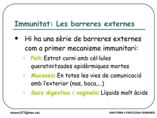 Immunitat: Les barreres externes Hi ha una sèrie de barreres externes com a primer mecanisme immunitari: Pell : Estrat corni amb cèl·lules queratinitzades epidèrmiques mortes Mucoses : En totes les vies de comunicació amb l’exterior (nas, boca,...) Sucs digestius i vaginals : Líquids molt àcids 